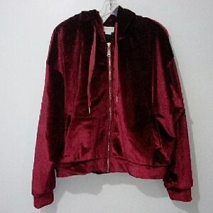Molly Bracken Burgundy/Wine Red Velvet Hoodie Bomber Jacket